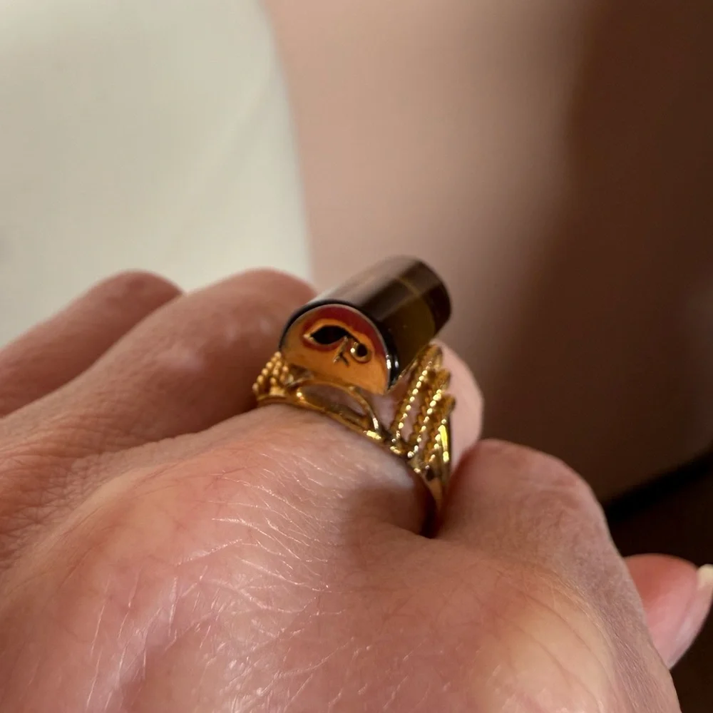 Vintage art deco Smoky Quartz cabochon gold plated oversized cocktail Ring